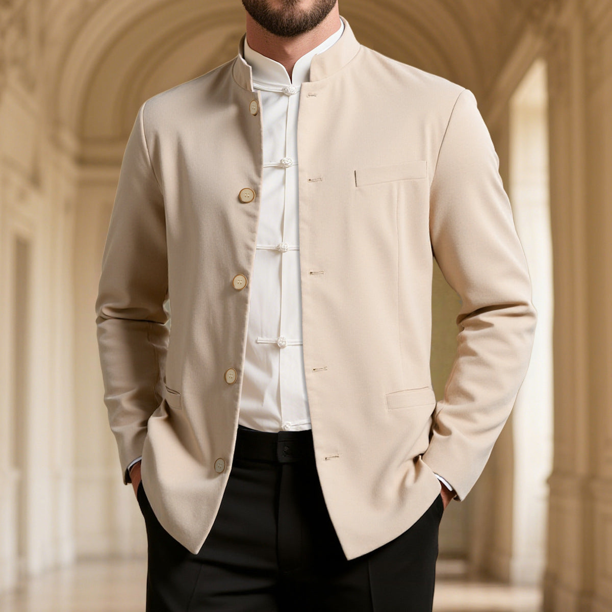 Abrigo informal estilo western de cuello alto para hombre, corte entallado