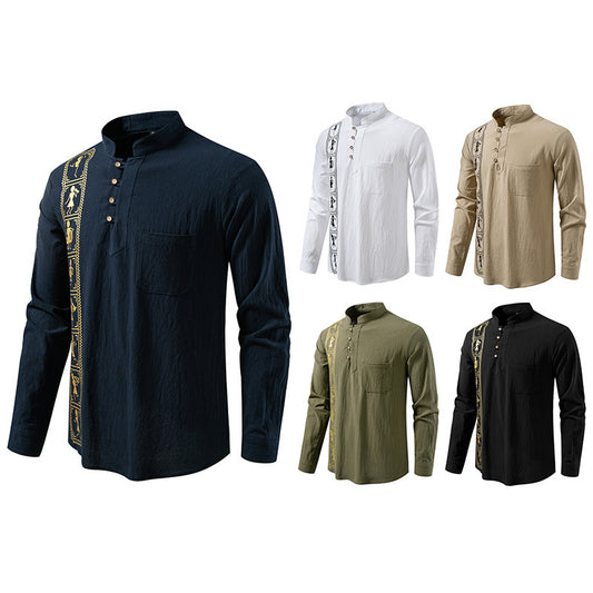 Camisa estampada de algodón y lino de color liso para hombre, talla europea