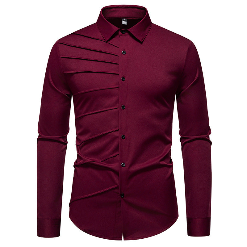 Camisa informal de manga larga con diseño plisado para hombre