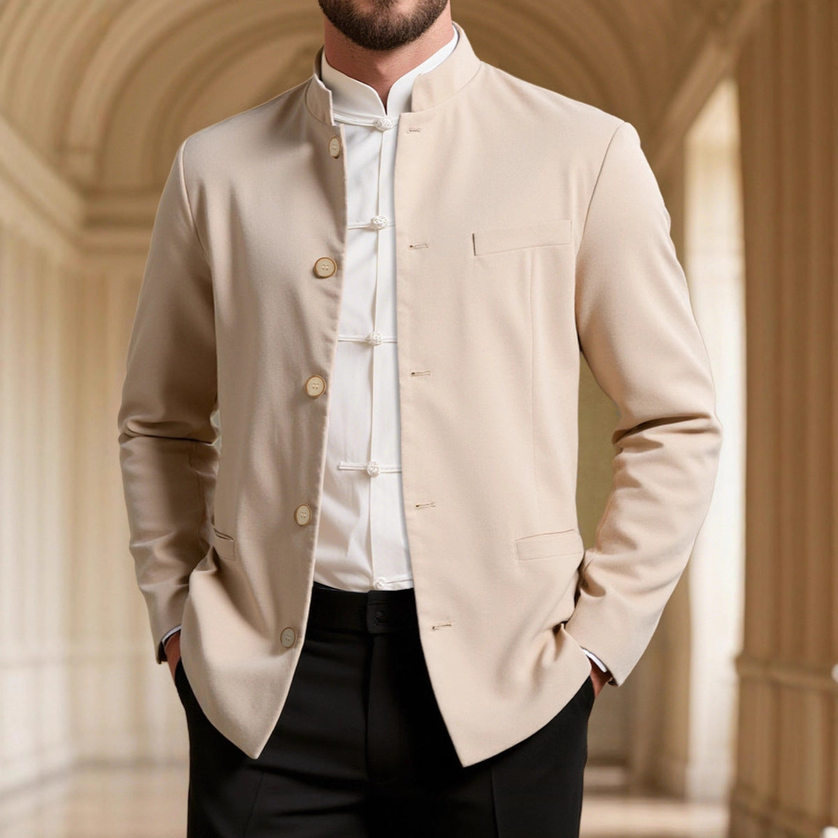Abrigo informal estilo western de cuello alto para hombre, corte entallado