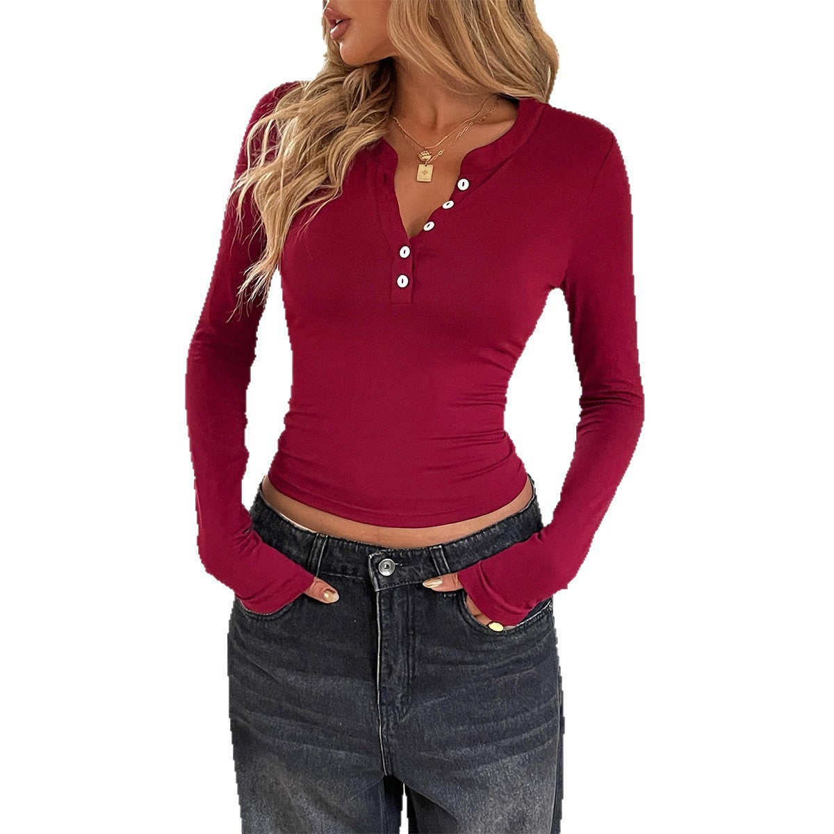 Camiseta de manga larga con botones de color liso para mujer