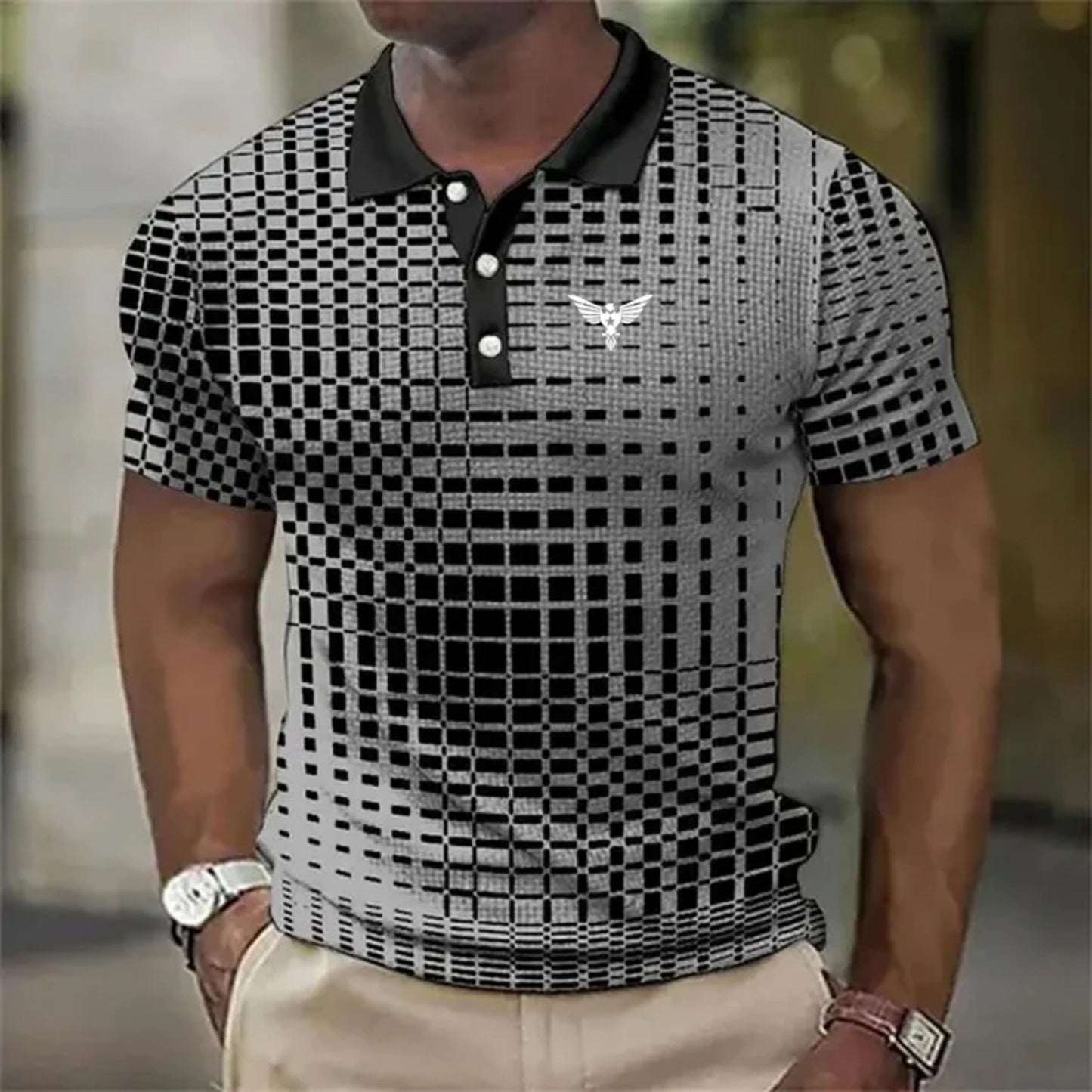 Polo de hombre de manga corta con estampado de cuadros y murciélagos