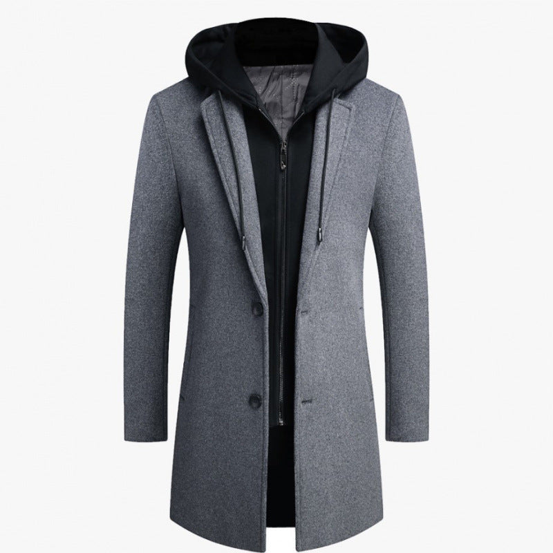 Abrigo informal de lana para hombre, chaqueta de largo medio con sombrero desmontable