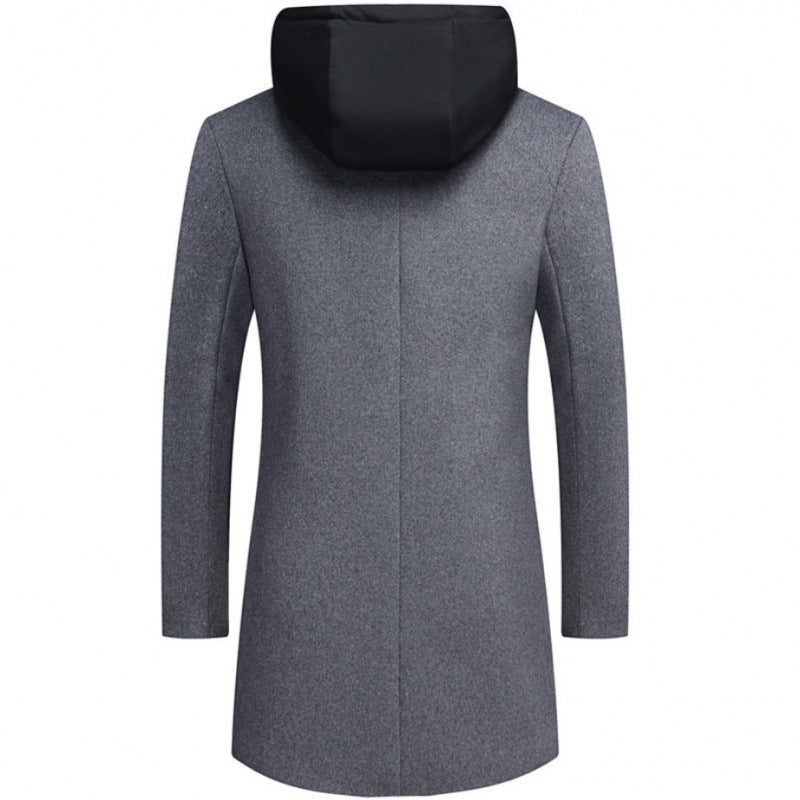 Abrigo informal de lana para hombre, chaqueta de largo medio con sombrero desmontable