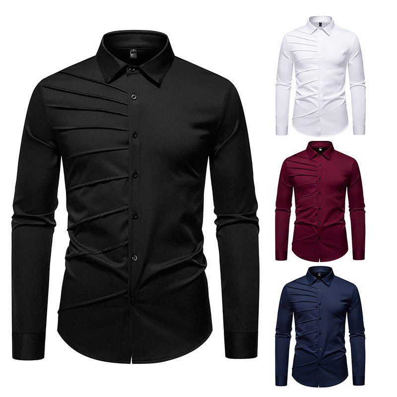 Camisa informal de manga larga con diseño plisado para hombre