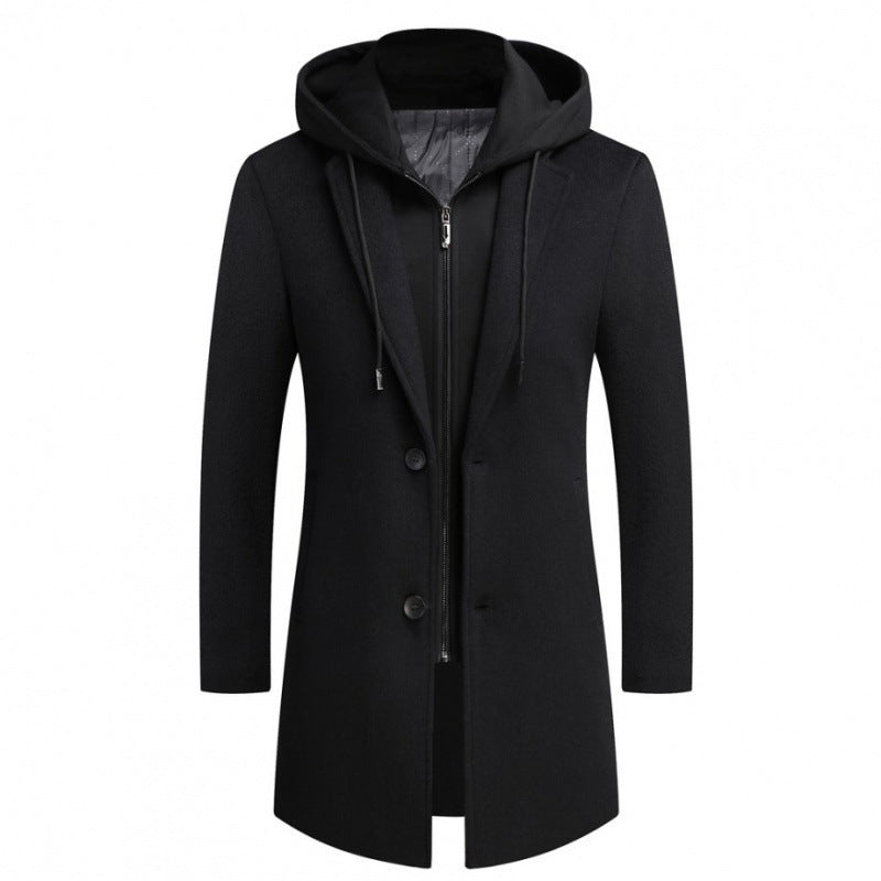 Abrigo informal de lana para hombre, chaqueta de largo medio con sombrero desmontable