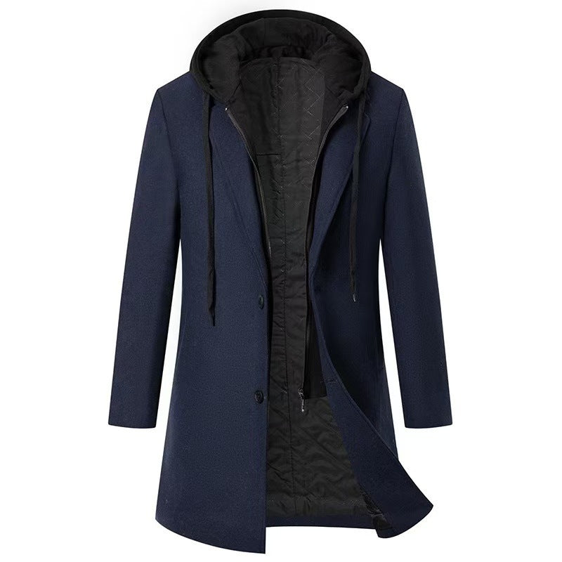 Abrigo informal de lana para hombre, chaqueta de largo medio con sombrero desmontable