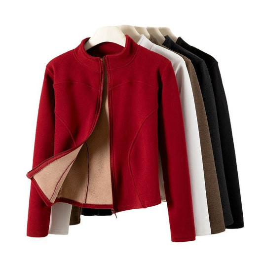 Abrigo corto con cuello alto y capucha de cachemira para mujer con forro de terciopelo