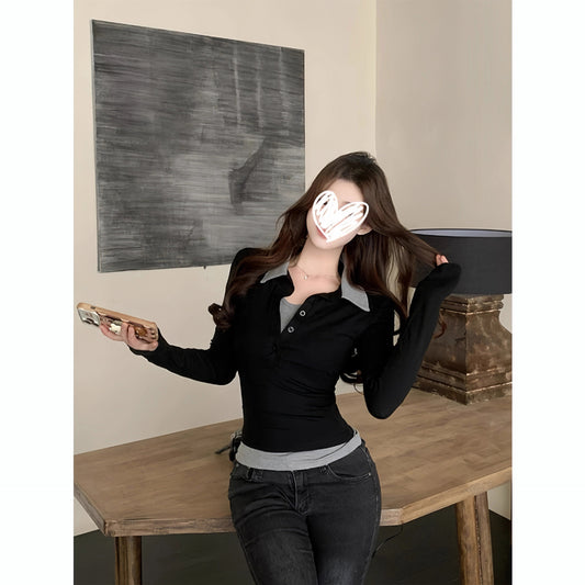 Conjunto de dos piezas ajustado de manga larga para mujer con contraste de colores