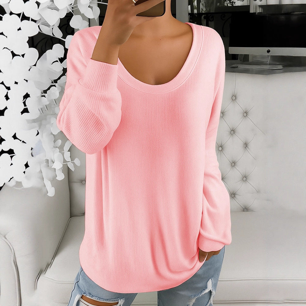 Suéter informal holgado de color sólido, estilo retro, con cuello redondo y manga larga