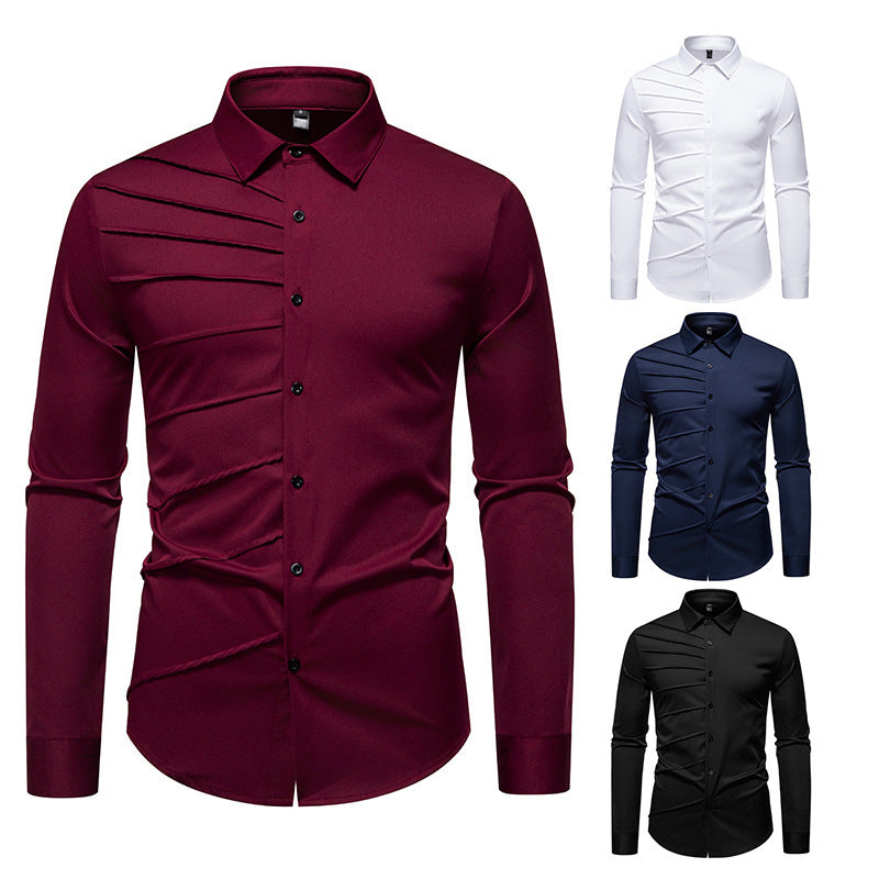 Camisa informal de manga larga con diseño plisado para hombre