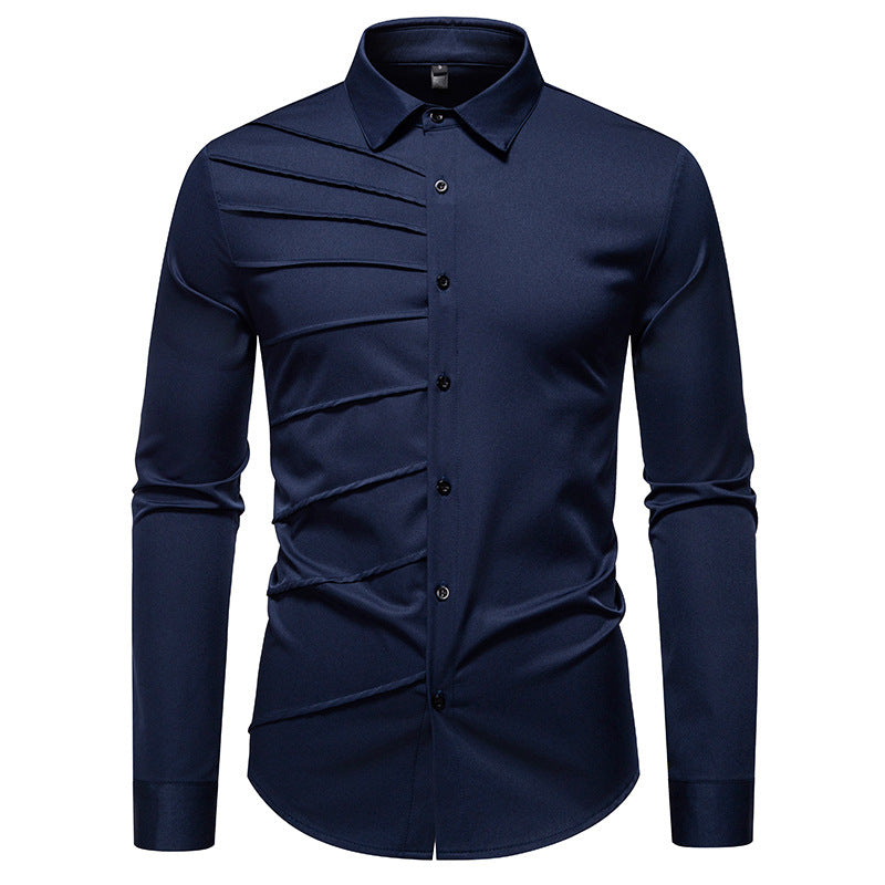 Camisa informal de manga larga con diseño plisado para hombre
