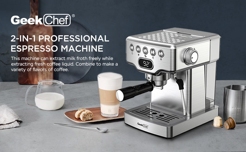 Cafetera expreso Geek Chef de 20 bares con espumador de leche para latte, capuchino y macchiato. Para uso doméstico. Depósito de agua de 1,8 l. Acero inoxidable.