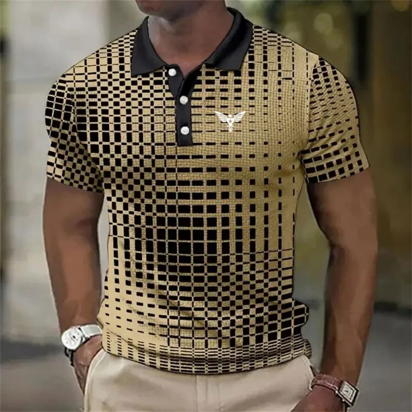 Polo de hombre de manga corta con estampado de cuadros y murciélagos