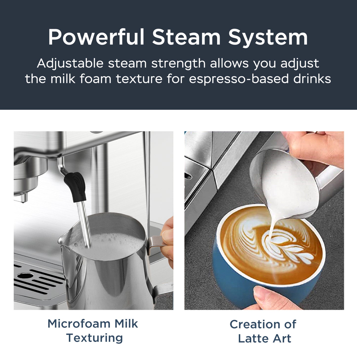 Cafetera expreso Geek Chef de 20 bares con espumador de leche para latte, capuchino y macchiato. Para uso doméstico. Depósito de agua de 1,8 l. Acero inoxidable.
