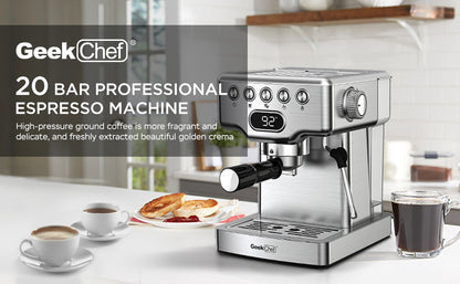 Cafetera expreso Geek Chef de 20 bares con espumador de leche para latte, capuchino y macchiato. Para uso doméstico. Depósito de agua de 1,8 l. Acero inoxidable.