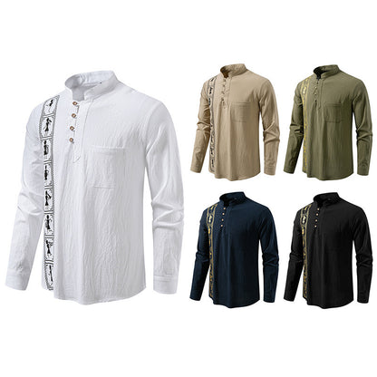 Camisa estampada de algodón y lino de color liso para hombre, talla europea
