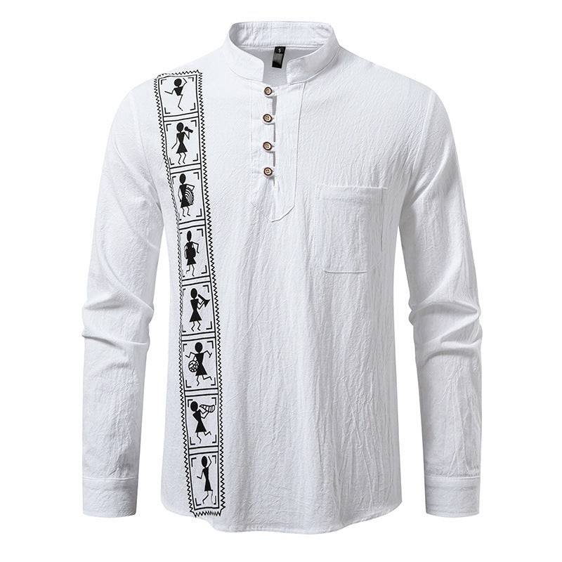 Camisa estampada de algodón y lino de color liso para hombre, talla europea
