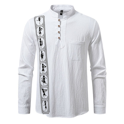 Camisa estampada de algodón y lino de color liso para hombre, talla europea