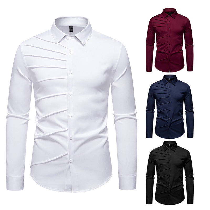 Camisa informal de manga larga con diseño plisado para hombre