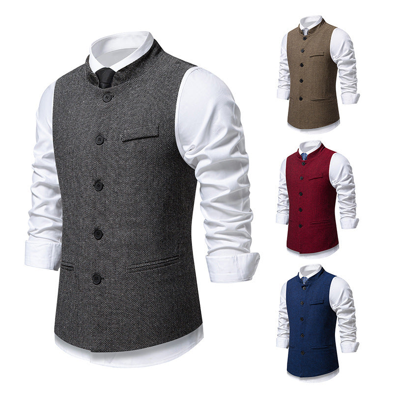 Chaleco de traje retro de cuello alto con diseño de espiga para hombre, color liso