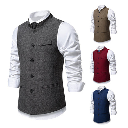 Chaleco de traje retro de cuello alto con diseño de espiga para hombre, color liso
