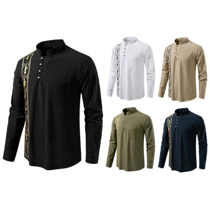 Camisa estampada de algodón y lino de color liso para hombre, talla europea