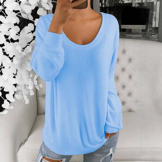 Suéter informal holgado de color sólido, estilo retro, con cuello redondo y manga larga