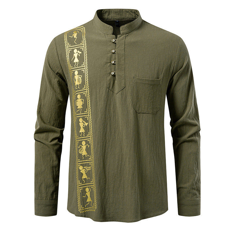 Camisa estampada de algodón y lino de color liso para hombre, talla europea