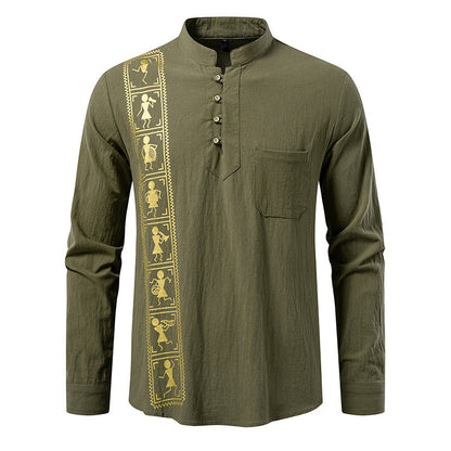 Camisa estampada de algodón y lino de color liso para hombre, talla europea