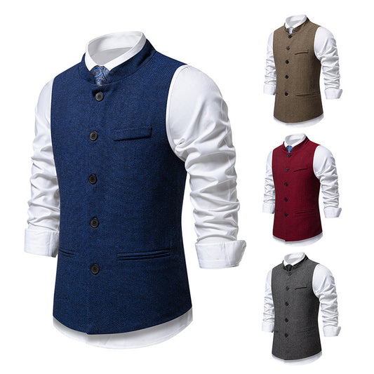 Chaleco de traje retro de cuello alto con diseño de espiga para hombre, color liso