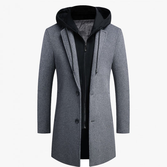 Abrigo informal de lana para hombre, chaqueta de largo medio con sombrero desmontable