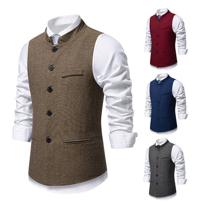 Chaleco de traje retro de cuello alto con diseño de espiga para hombre, color liso