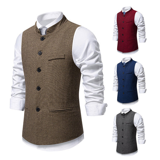 Chaleco de traje retro de cuello alto con diseño de espiga para hombre, color liso