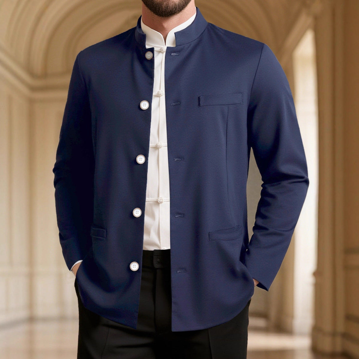 Abrigo informal estilo western de cuello alto para hombre, corte entallado