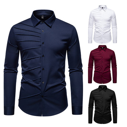 Camisa informal de manga larga con diseño plisado para hombre