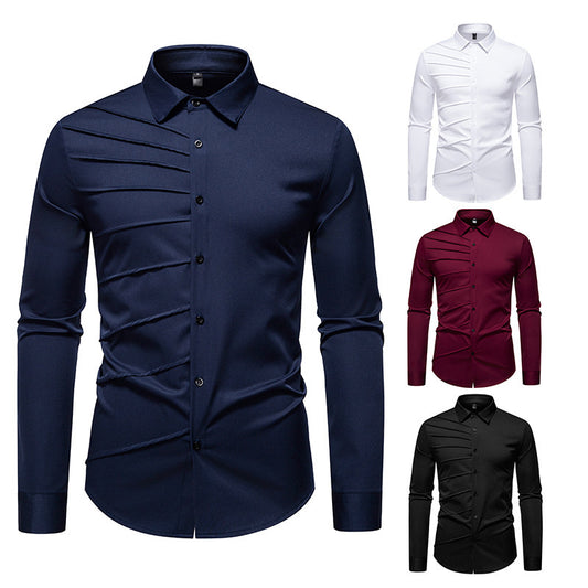 Camisa informal de manga larga con diseño plisado para hombre