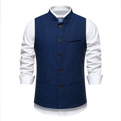 Chaleco de traje retro de cuello alto con diseño de espiga para hombre, color liso