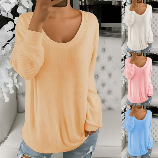 Suéter informal holgado de color sólido, estilo retro, con cuello redondo y manga larga