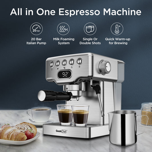 Cafetera expreso Geek Chef de 20 bares con espumador de leche para latte, capuchino y macchiato. Para uso doméstico. Depósito de agua de 1,8 l. Acero inoxidable.