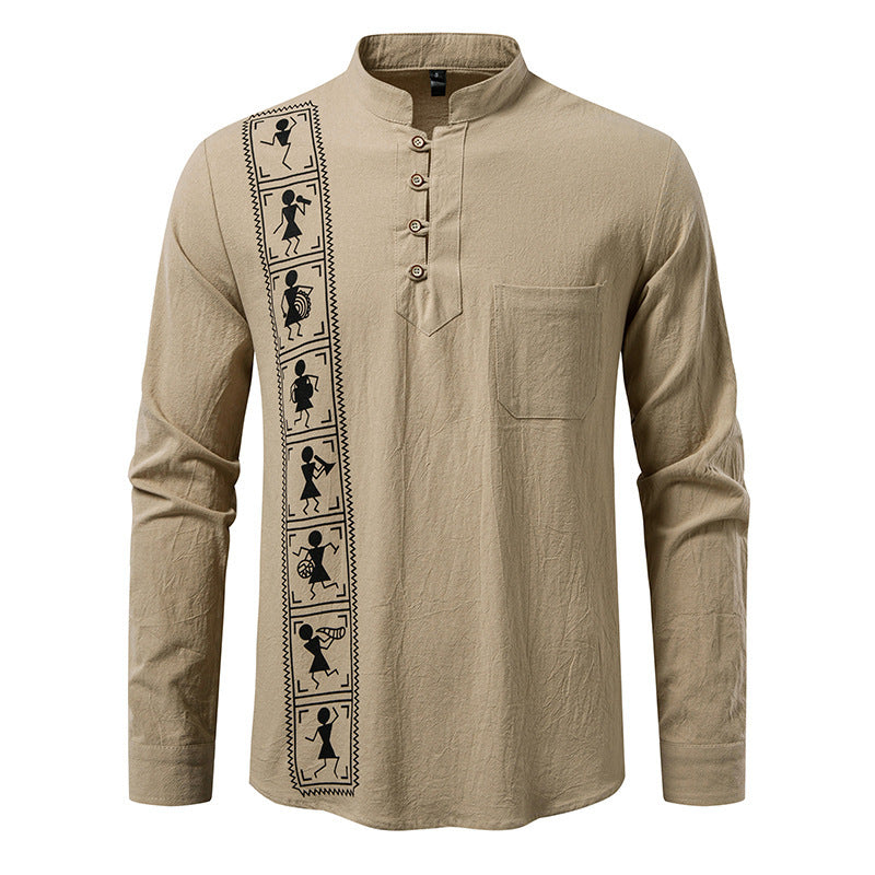 Camisa estampada de algodón y lino de color liso para hombre, talla europea