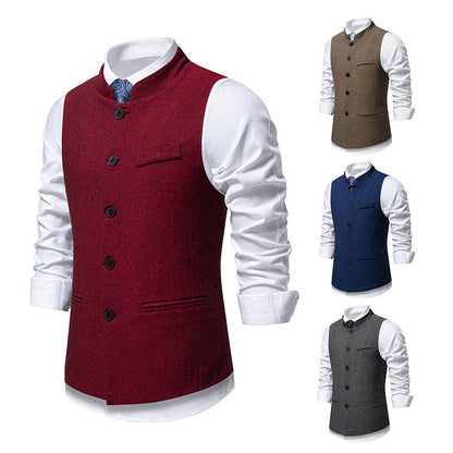 Chaleco de traje retro de cuello alto con diseño de espiga para hombre, color liso