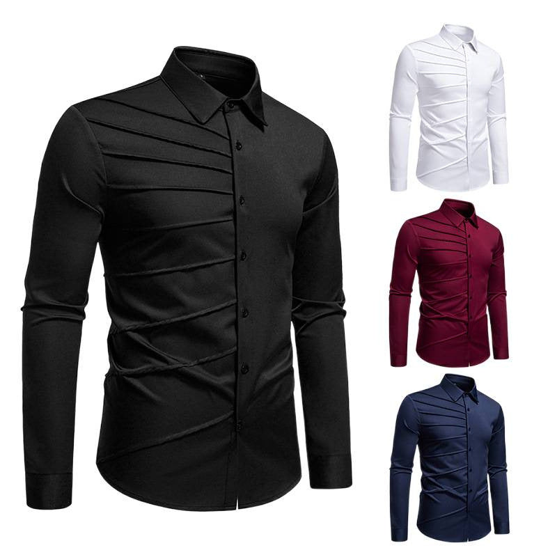 Camisa informal de manga larga con diseño plisado para hombre