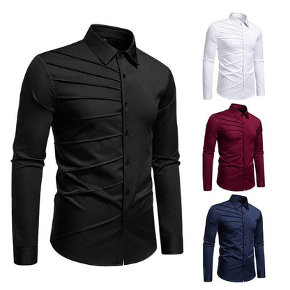 Camisa informal de manga larga con diseño plisado para hombre