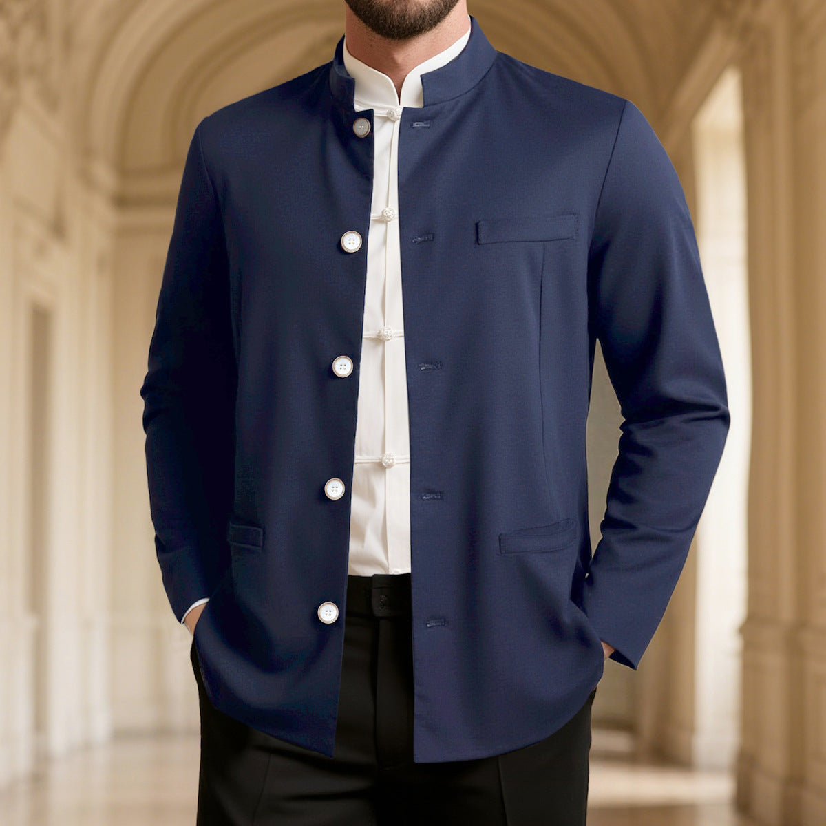 Abrigo informal estilo western de cuello alto para hombre, corte entallado