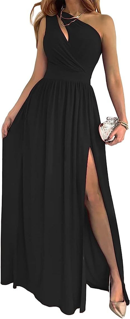 Vestido largo de cóctel elegante y sexy sin mangas con abertura alta y un hombro para mujer