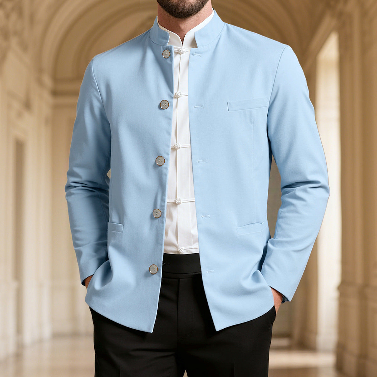 Abrigo informal estilo western de cuello alto para hombre, corte entallado