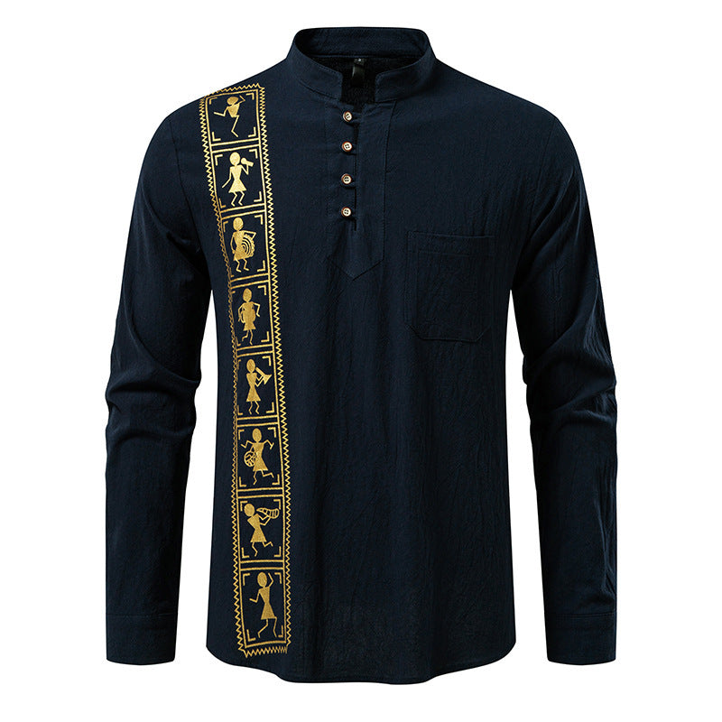 Camisa estampada de algodón y lino de color liso para hombre, talla europea