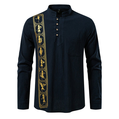 Camisa estampada de algodón y lino de color liso para hombre, talla europea