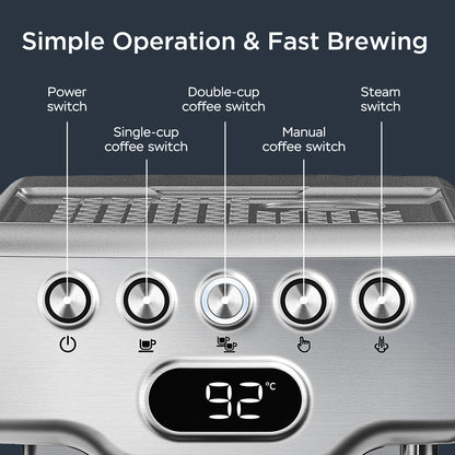 Cafetera expreso Geek Chef de 20 bares con espumador de leche para latte, capuchino y macchiato. Para uso doméstico. Depósito de agua de 1,8 l. Acero inoxidable.